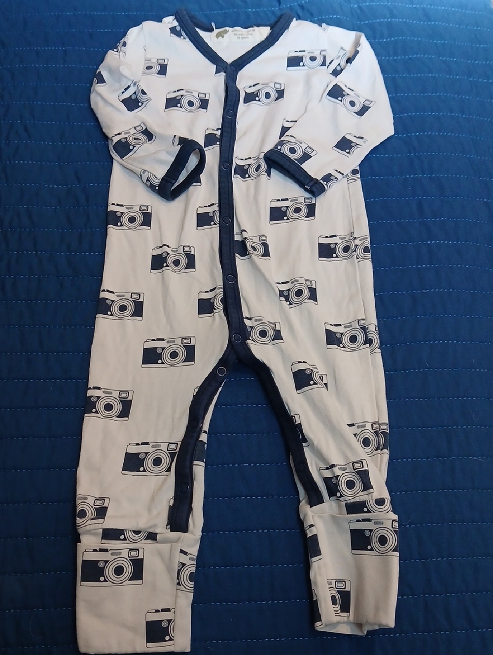Monica + Andy White Camera-Print Footie with Navy Trim, Foldover Feet
